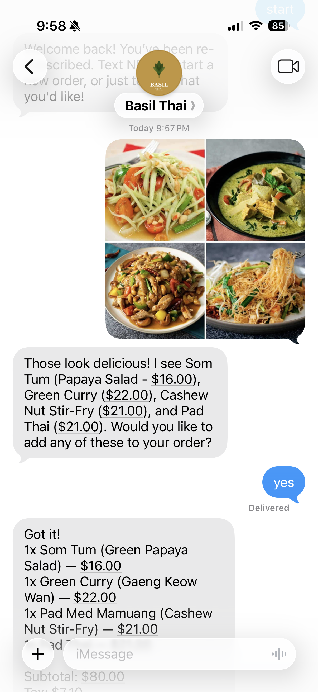 Dish photo ordering — customer sends photos of dishes and the AI identifies each one from the menu