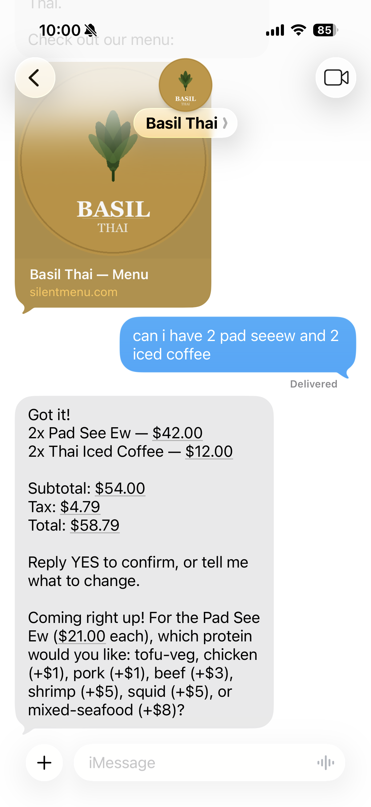 Text message ordering — customer texts a natural language order and receives an itemized confirmation